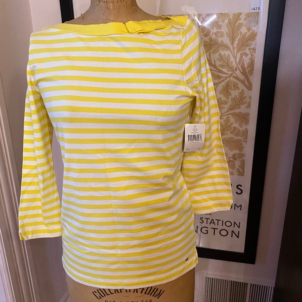 Yellow and White Striped Women's Boatneck Top